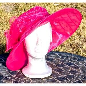 Josette One-Size Fabulous Plaid Organza Hot Pink Large Down Brim Riviera Hat NWT